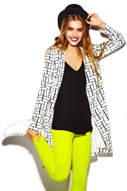 Funny crazy glamor stylish sexy  smiling beautiful blond young  woman model in summer bright hipster yellow cloth