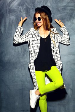 Funny crazy glamor stylish sexy  smiling beautiful blond young  woman model in summer bright hipster yellow cloth