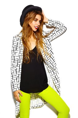 Funny crazy glamor stylish sexy  smiling beautiful blond young  woman model in summer bright hipster yellow cloth