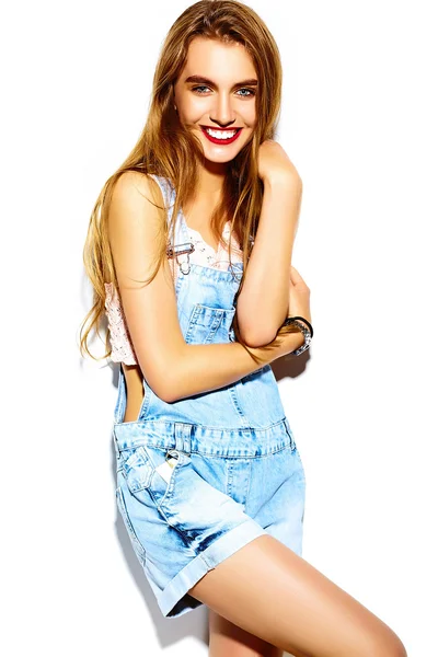Funny crazy glamor stylish sexy  smiling beautiful blond young  woman model in summer bright hipster jeans cloth — Stockfoto