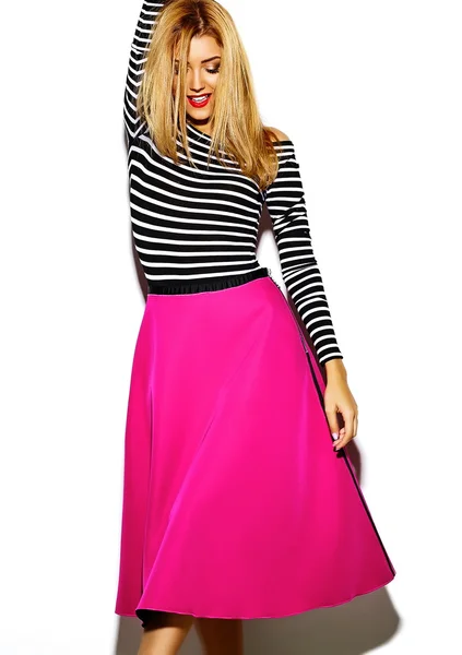 Funny crazy glamor stylish sexy smiling beautiful blond young woman model in pink hipster clothes in studio — Stock Photo, Image