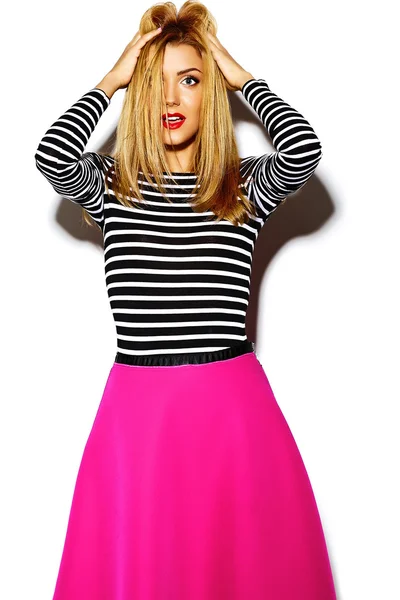 Funny crazy glamor stylish sexy smiling beautiful blond young woman model in pink hipster clothes in studio — Stock Photo, Image