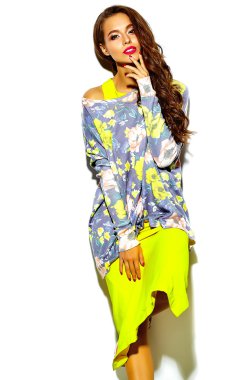 portrait of beautiful happy sexy cute brunette woman bad girl in summer hipster bright colorful yellow clothes with red lips