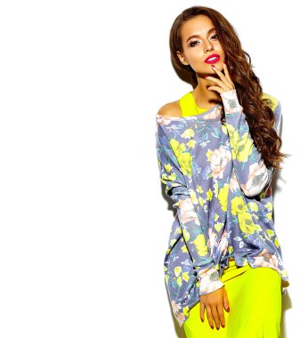 portrait of beautiful happy sexy cute brunette woman bad girl in summer hipster bright colorful yellow clothes with red lips