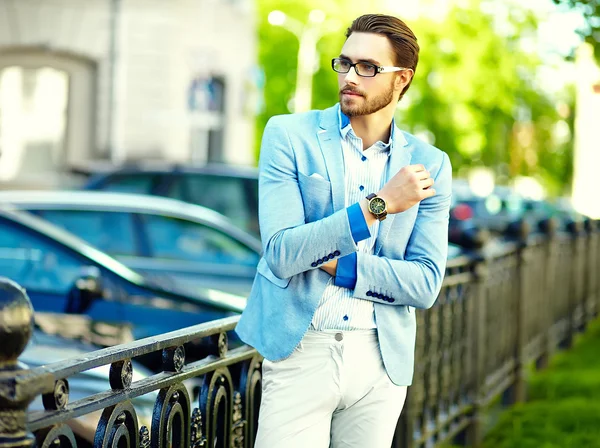 High fashion look.Young stylish confident handsome businessman model in suit clothes lifestyle in the street — Stock Photo, Image