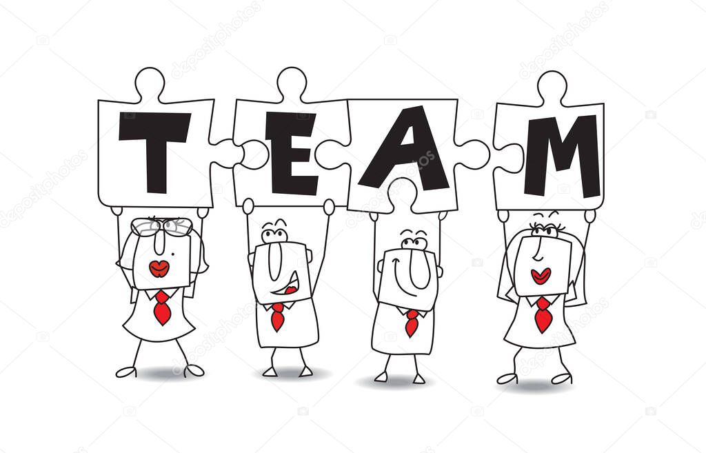 Success in this competitive field will depend on good team work. Businessmen and businesswomen hold puzzle pieces in their hands. It is a metaphor of a good team work