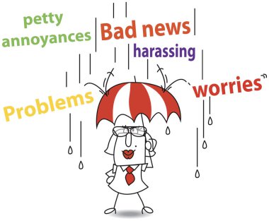 this woman holds an umbrella which protects her. Bad words fall on her. it's a metaphor. She never has any problems because she is a strong woman, good about herself clipart