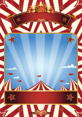 Mavi gökyüzünde büyük bir kapağı ve güneş ışınları olan bir poster için mavi bir sirk arka planı. !