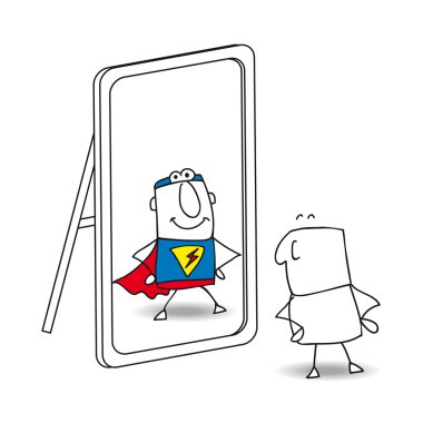 Superhero  looks in the mirror. clipart