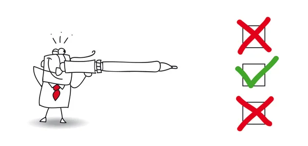 Businessman use pen like a gun. — Stock Vector
