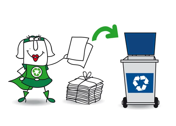 Ανακύκλωση κορίτσι σούπερ ανακυκλώνει χαρτί — Διανυσματικό Αρχείο