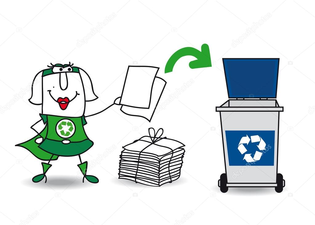 Super recycling girl recycles paper
