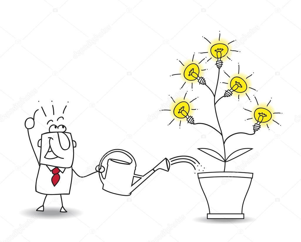 Coltivare le idee — Vettoriali Stock © tintin75 Questo uomo d affari acque l albero e le lampadine di idee una metafora di chi desidera trovare idee brillanti — Vettoriali di tintin75