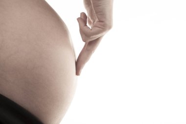 Hamile kadın resmi. El beyazı arka plan.