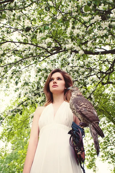 Hermosa mujer con halcón en flor fondo —  Fotos de Stock