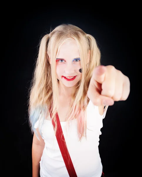 Teen Girl Pointing on Black Background — Stock Photo, Image