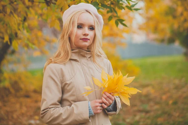 Schöne Herbst Frau Mit Herbstblättern Ihren Händen Auf Herbst Natur — Stockfoto