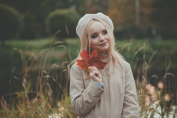 Fröhlich Junge Herbst Frau Hält Herbstblätter Auf Herbst Natur Hintergrund — Stockfoto