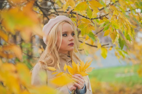 Herbst Frau Mit Gelben Blättern Auf Herbst Natur Hintergrund — Stockfoto