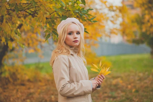 Perfekte Junge Frau Mit Gelben Blättern Auf Herbst Natur Hintergrund — Stockfoto