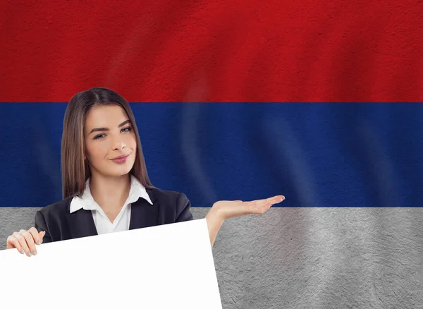 Young Woman White Banner National Flag — Stock Photo, Image