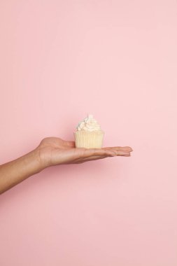 Pastel pembe arka planda bayanların elinde tatil keki. En düşük arkaplan bileşimi