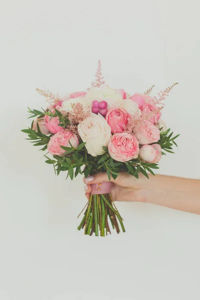 Gentle Pastel Pink Flowers Bouquet Female Hand White Background — Stock Photo, Image