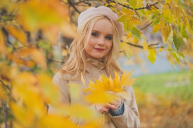 Sonbahar parkında elinde sarı yapraklar tutan mutlu bir kadın.