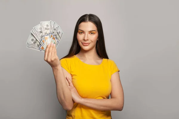 Portrait Positive Cheerful Lady Dollars Banknote Millionaire Have Promo Sale — Stock Photo, Image