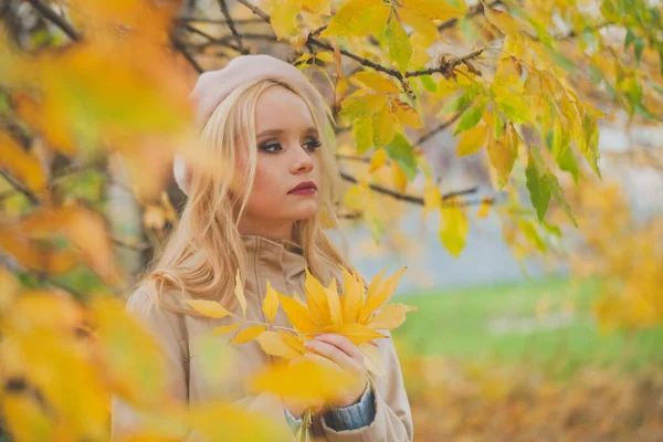 Schöne Herbst Frau Mit Gelben Herbstblättern Auf Herbst Natur Hintergrund — Stockfoto