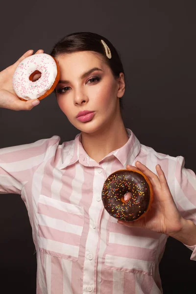 Portrait Beauty Young Woman Donuts Black Backgroundt Studio Diet Dieting — Stock Photo, Image