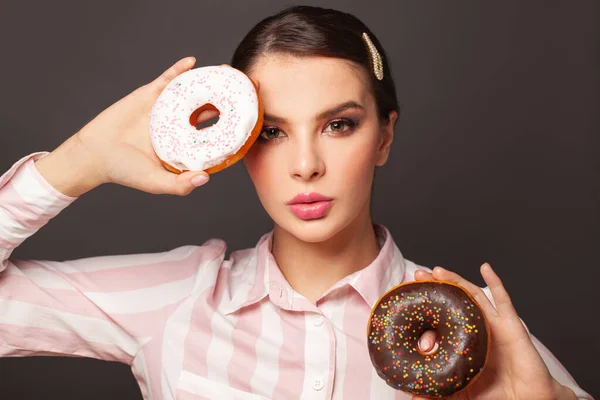 Hungry Woman Holding Donuts Black Background Portrait Diet Concept — Stock Photo, Image