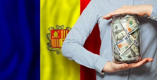 Dinero Efectivo Dólares Estadounidenses Fondo Bandera Andorra —  Fotos de Stock