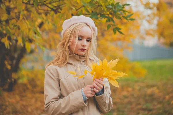 Schöne Herbst Frau Mit Herbstblättern Auf Herbst Natur Hintergrund — Stockfoto