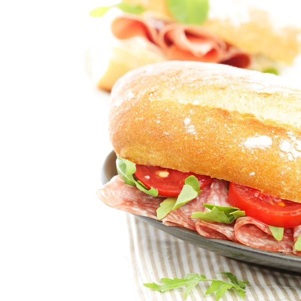 Sandwich with salami and tomatoes — Stock Photo, Image