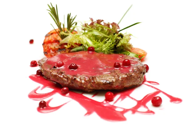 Restaurant steak and red sauce — Stock Photo, Image