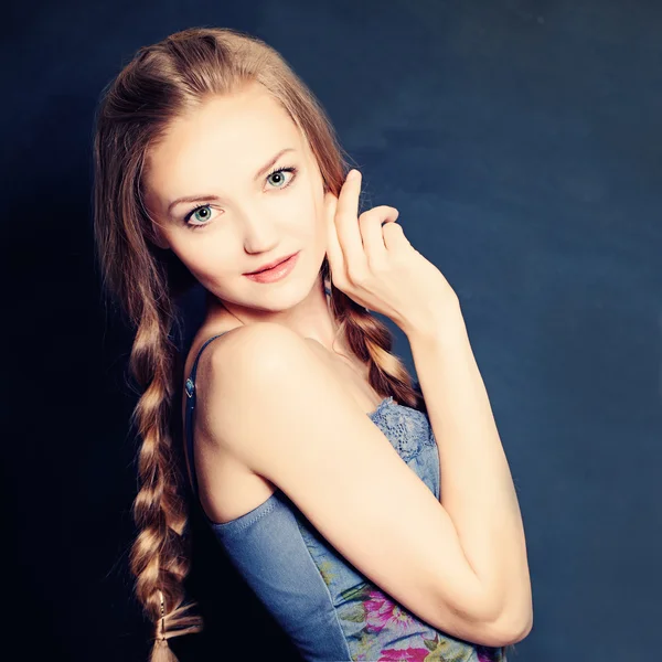 Cute Girl Fashion Model with Braids Hairstyle — Stock Photo, Image