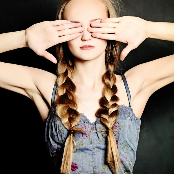 Woman Covers her Eyes with her Hands. ignorance, blindness — Zdjęcie stockowe