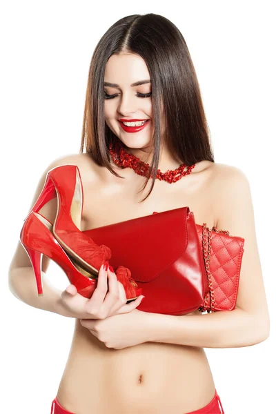 Mulher Sorridente com Moda Compras Vestuário Feminino e Acessos — Fotografia de Stock