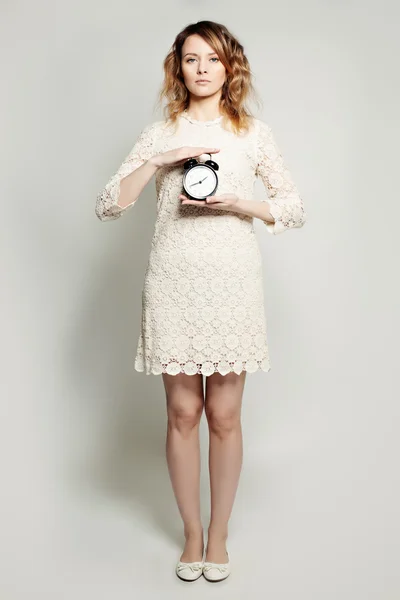 Woman and Alarm Clock. Time Concept — Stock Photo, Image