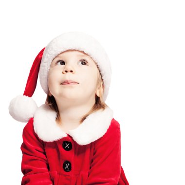 Noel Baba şapkası ararken Noel bebek. Çocuk beyaz izole