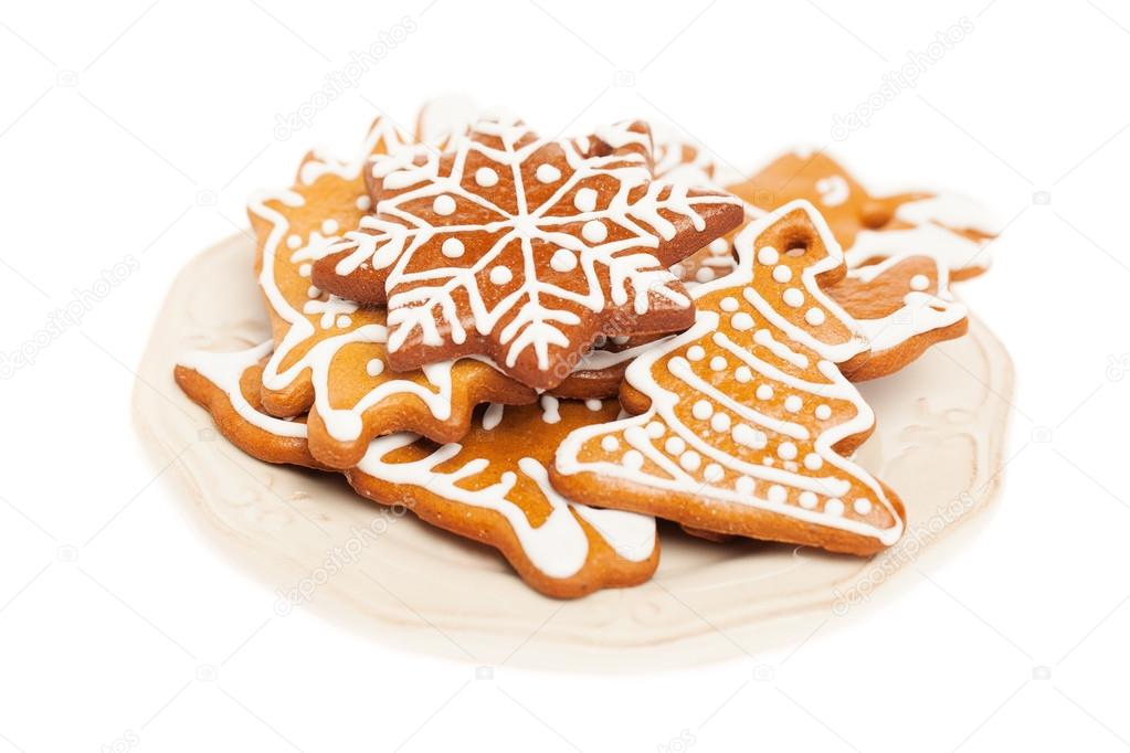 Christmas Cookie on Vintage Plate. White Background