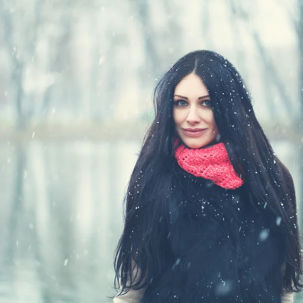 Happy Brunette Woman di Winter Background — Stok Foto