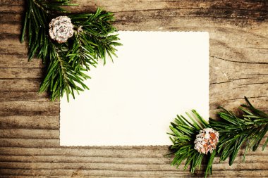 Boş kağıt ahşap köknar dalı ile. Noel kış Backgrou