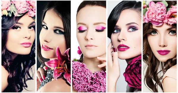 Moda güzellik yüzler. Kadınlar kümesi. Mor renk makyaj