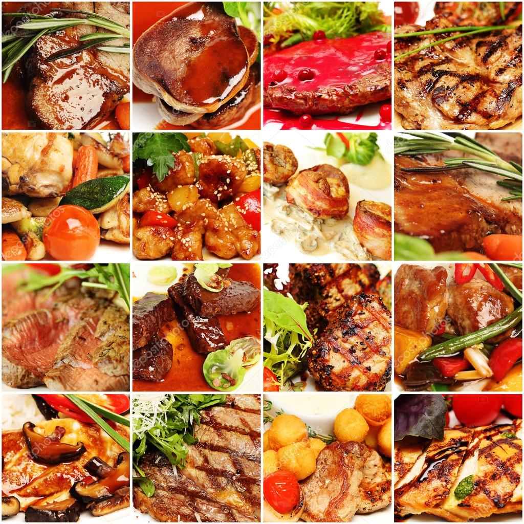 Food Collage. Gourmet Restaurant Meat Set. Menu Background — Stock