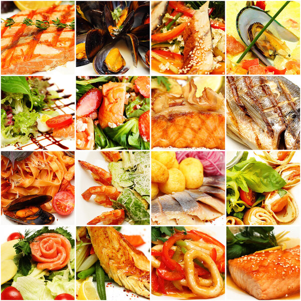 Food Collage. Gourmet Restaurant Fish and Seafood Background