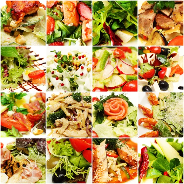 Gourmetrestaurant Essen Hintergrund. Salatcollage — Stockfoto