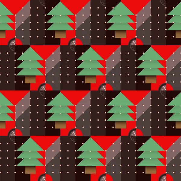 Patrón de árbol de Navidad con una esfera en el estilo geométrico, sobre un fondo rojo — Vector de stock