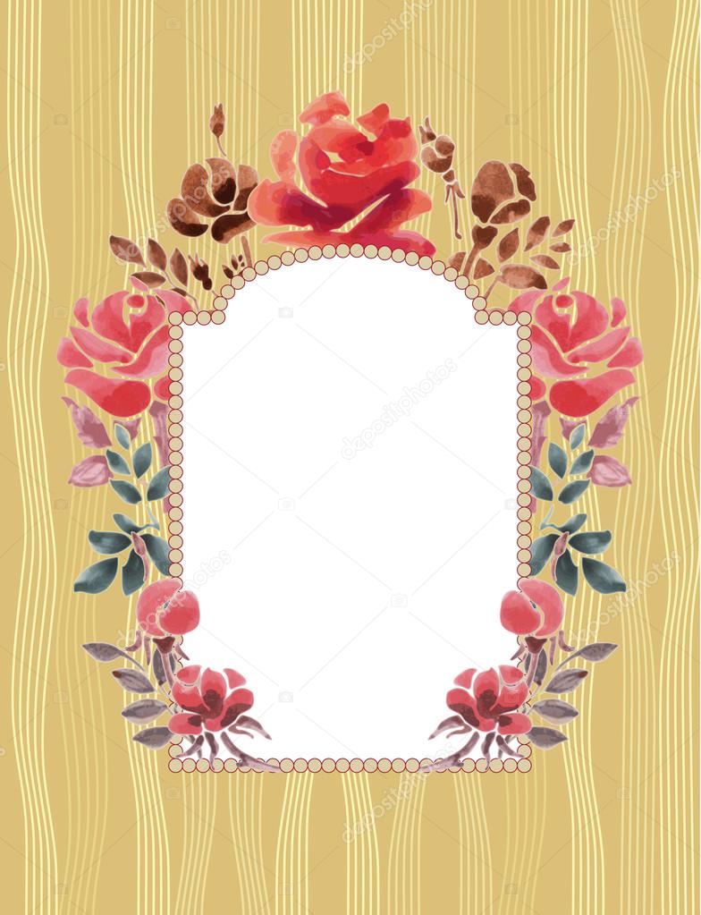 Frame with watercolor flowers. Roses in an oval on a yellow background. Retro postcard.